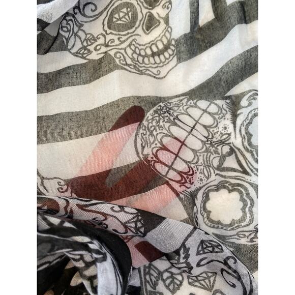 Zara Black/Gray-White Skull & Stripe Day of the Dead Sheer Scarf OS Polyester - Picture 4 of 7